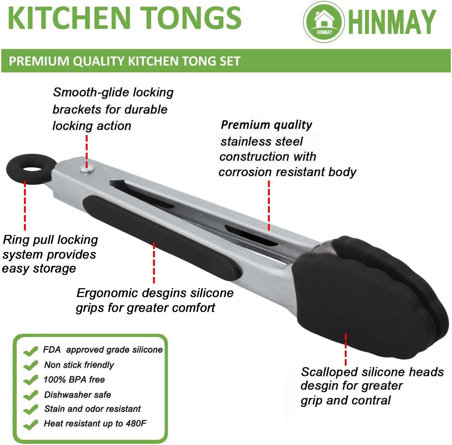 Small Silicone Tongs 7-Inch Mini Serving Tongs, Set of 3 (Black White Gray)