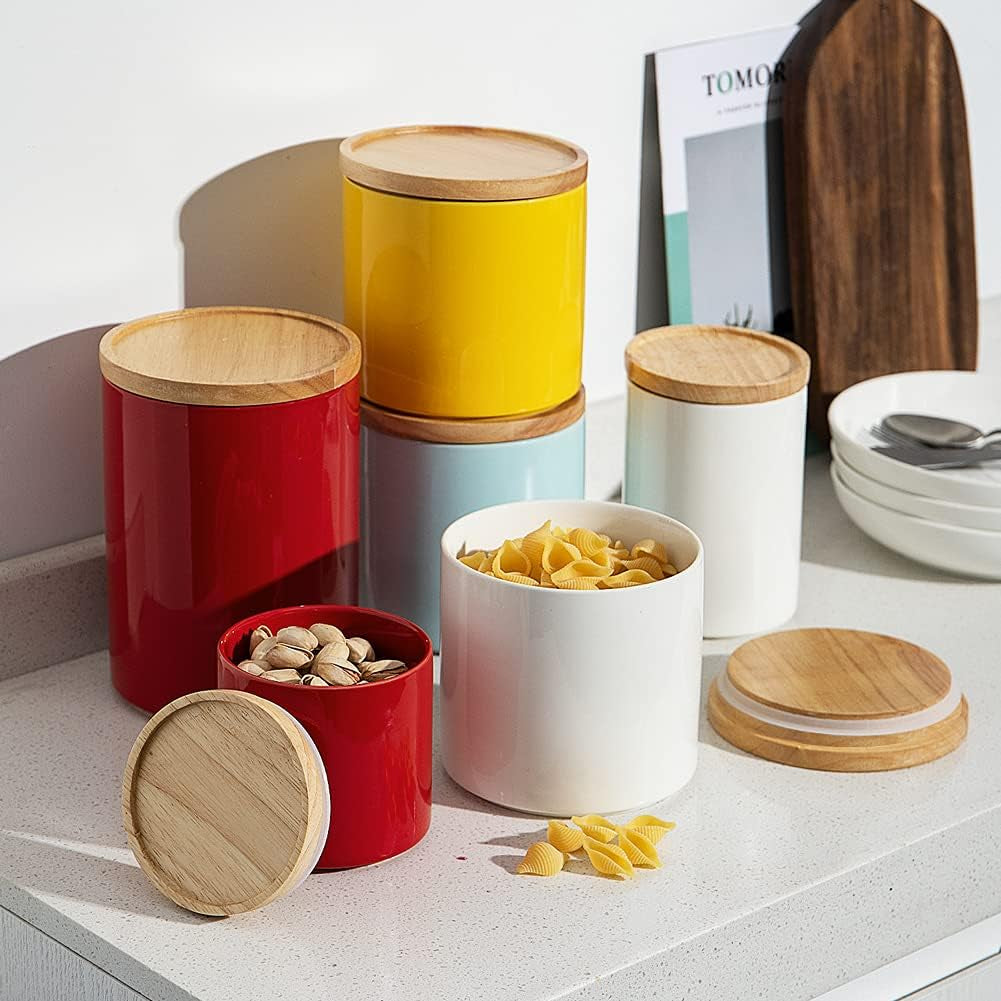 Kitchen Canisters Ceramic Food Storage Jar, Stackable Containers with Airtight Seal Wooden Lid for Serving Coffee Bean, Flour, Tea, Spice and More - 39 Fl Oz (Turquoise)