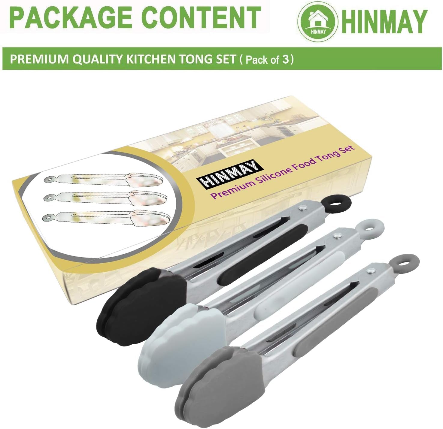 Small Silicone Tongs 7-Inch Mini Serving Tongs, Set of 3 (Black White Gray)