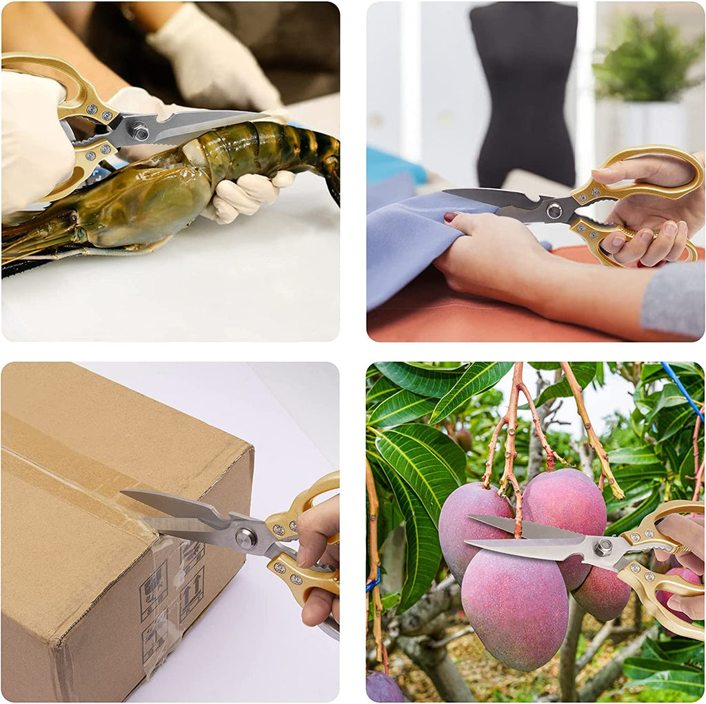 Kitchen Scissors All Purpose Heavy Duty, Ultra Sharp Stainless Steel Kitchen Shears Dishwasher Safe, Cooking Shears for Chicken, Poultry, Fish, Meat, Herbs & Grapes with Non-Slip Grips - Gold