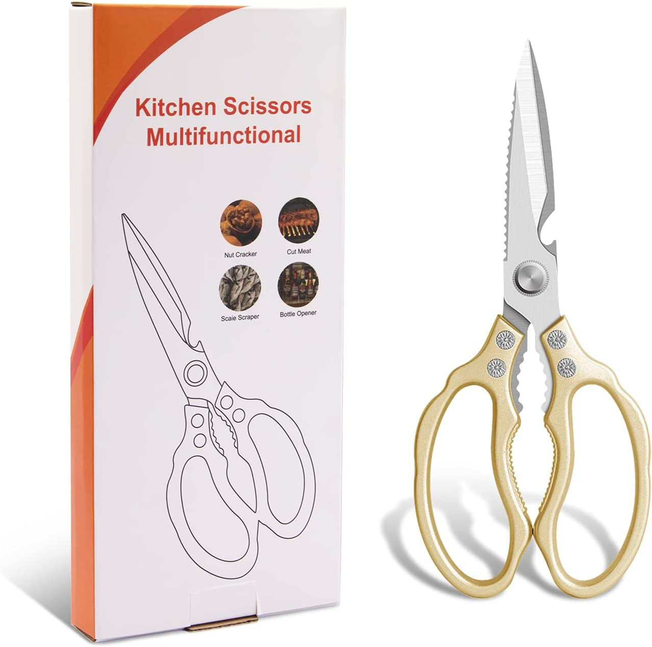 Kitchen Scissors All Purpose Heavy Duty, Ultra Sharp Stainless Steel Kitchen Shears Dishwasher Safe, Cooking Shears for Chicken, Poultry, Fish, Meat, Herbs & Grapes with Non-Slip Grips - Gold