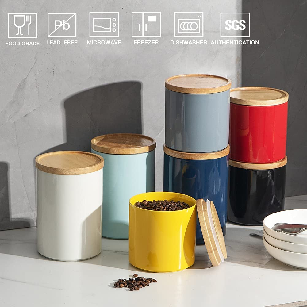 Kitchen Canisters Ceramic Food Storage Jar, Stackable Containers with Airtight Seal Wooden Lid for Serving Coffee Bean, Flour, Tea, Spice and More - 39 Fl Oz (Turquoise)